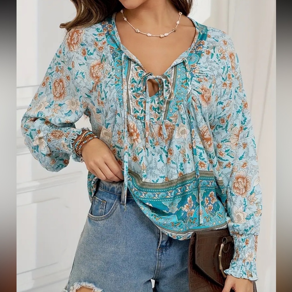 Boho Floral Print Lantern Sleeve Tie Front Blouse